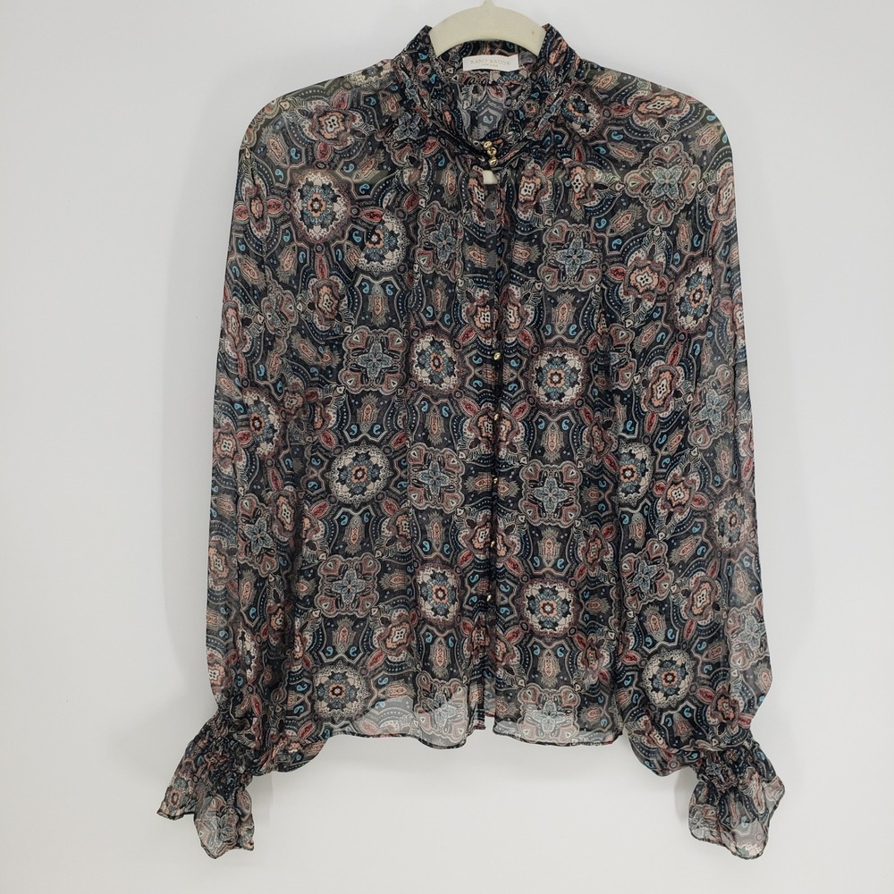 Ramy Brook Paisley Silk Blend Blouse Women M Black Smocked High Neck Long Sleeve